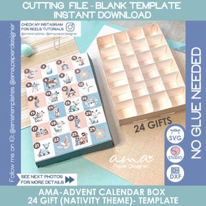 May include: An Advent calendar box template with a nativity theme, featuring 24 gift compartments. The box is designed for instant download and requires no glue. The design includes illustrations of nativity scenes and is available in SVG, Studio, and DXF formats.