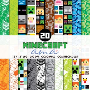 Puede incluir: Una colección de 20 patrones digitales con gráficos pixelados de temática Minecraft, incluyendo caras de personajes, bloques de TNT y texturas de terreno. La imagen muestra el texto 20 MINECRAFT ama 12 X 12" JPG - 300 DPI - COLORFULL - COMMERCIAL USE.