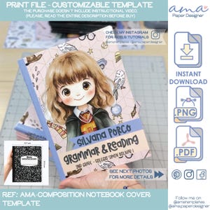 Peut inclure: Modèle de couverture de cahier personnalisable avec une illustration de dessin animé d'une fille en uniforme scolaire. La couverture affiche le texte "Silvana Porco Grammar & Reading". Une petite image de cahier est incluse. Téléchargement instantané.