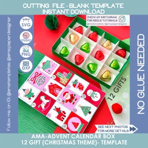 Puede incluir: Una plantilla de caja de calendario de adviento con temática navideña con 12 compartimentos para regalos. La caja es roja y blanca con ilustraciones festivas. La imagen incluye texto: "CUTTING FILE - BLANK TEMPLATE INSTANT DOWNLOAD" y "AMA-ADVENT CALENDAR BOX 12 GIFT (CHRISTMAS THEME)- TEMPLATE".