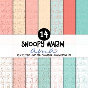 May include: A collection of 14 digital paper patterns featuring Snoopy in various activities, presented in a grid layout with warm colour palettes including pink, peach, and teal. The text reads 14 SNOOPY WARM ama 12 X 12 JPG - 300 DPI - COLORFULL - COMMERCIAL USE.
