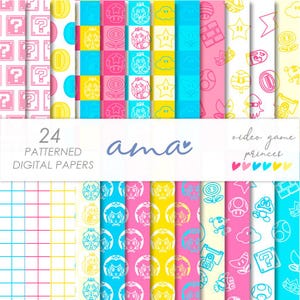 May include: A collection of 24 patterned digital papers with a video game theme. The designs feature iconic elements like question mark blocks, coins, and characters in pink, yellow, and blue. The text "ama" and "video game princes" are also visible.