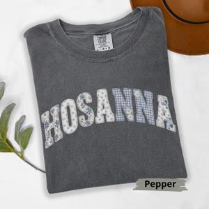 May include: A gray Comfort Colors t-shirt with the word "HOSANNA" in white, floral, and gingham letters. The shirt is a size L-G-G. A brown hat is visible in the upper right corner. The word "Pepper" is at the bottom.