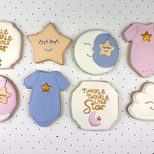Chá de bebê, biscoitos de açúcar com glacê real, brilha, brilha, estrelinha (conjunto de 8)