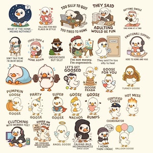 Paquete de 30 PNG de gansos divertidos: imágenes prediseñadas de gansos kawaii chibi para pegatinas, camisetas y sublimación