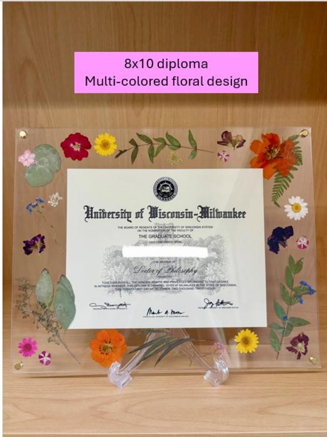 Floating Document Frame Pressed Floral Floating Acrylic Diploma/certificate Frame - Graduation ...