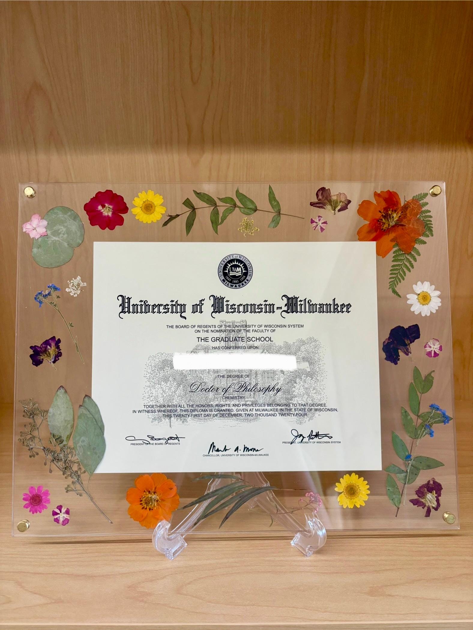 Pressed Floral Floating Acrylic Diploma/Certificate Frame - graduation gift - office decor-No drilling required