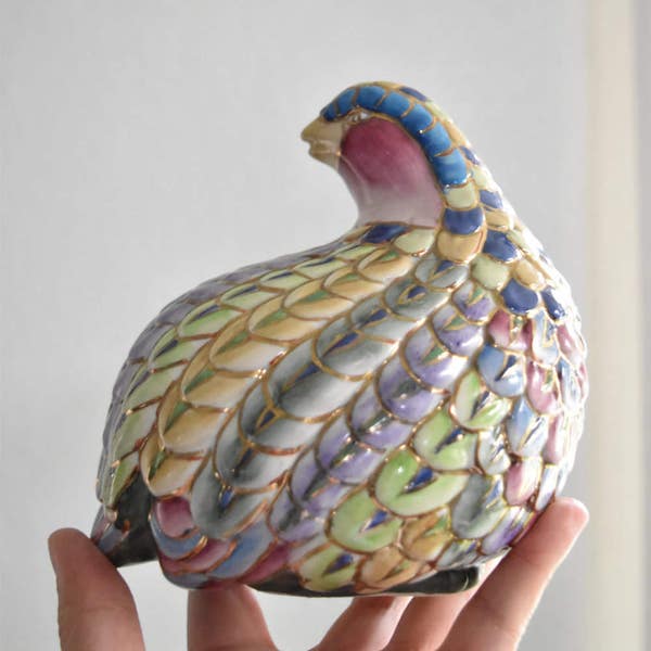 mid century hand painted multicolored pink ceramic quail bird figurine