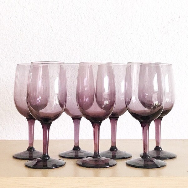 set of 6 libbey amethyst violet purple glass champagne wine stemware / smokey glass goblets
