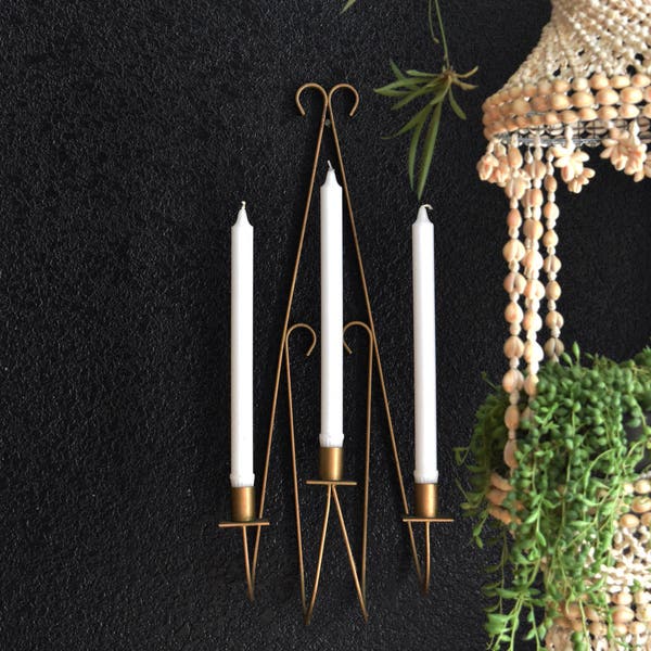 mid century large gold colored metal candelabra sconce / wall hanging