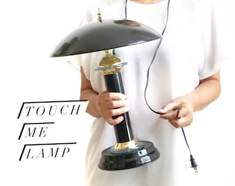touch lamp art deco revival black mushroom table lamp | office light with green glass