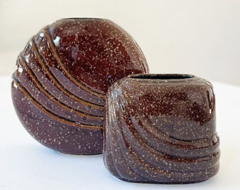 postmodern 80s speckled brown ceramic flower vases