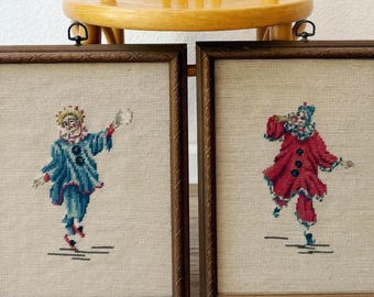 handmade french dancing clown needlepoint artwork framed | scary clown art