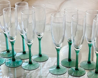 set of 6 teal green glass champagne flute stemware