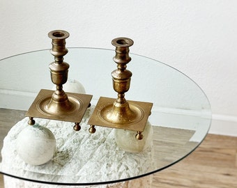 large elegant pair of ornate solid brass candle holders | table centerpiece