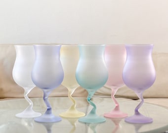 set of six squiggly frosted hurricane glasses from Libbey's Watusi | multicolored