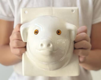 large white ceramic pig head wall mount / pig figurine / baby nursery decor