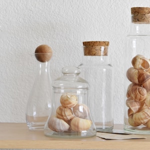 May include: Three glass jars with cork lids, two are tall and one is shorter and wider. The jars are filled with seashells. The jars are on a wooden shelf.