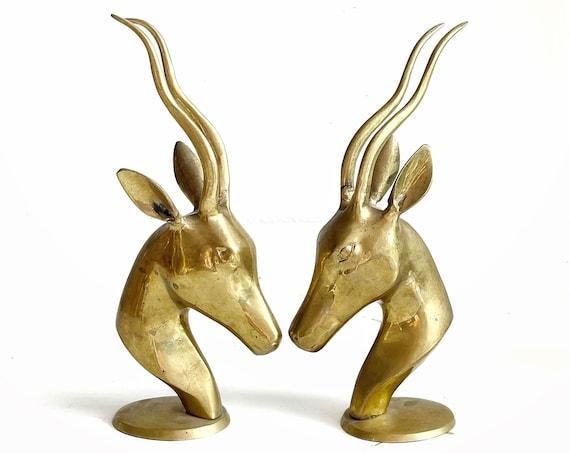 mid century modern solid brass gazelle deer head figurine bookend sculpture set / statue