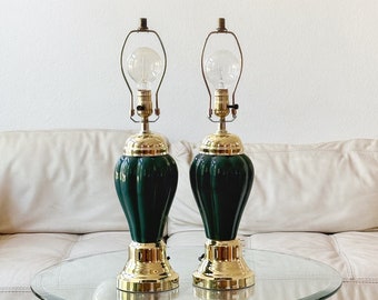 hollywood regency set of ceramic green table lamps with gold accent