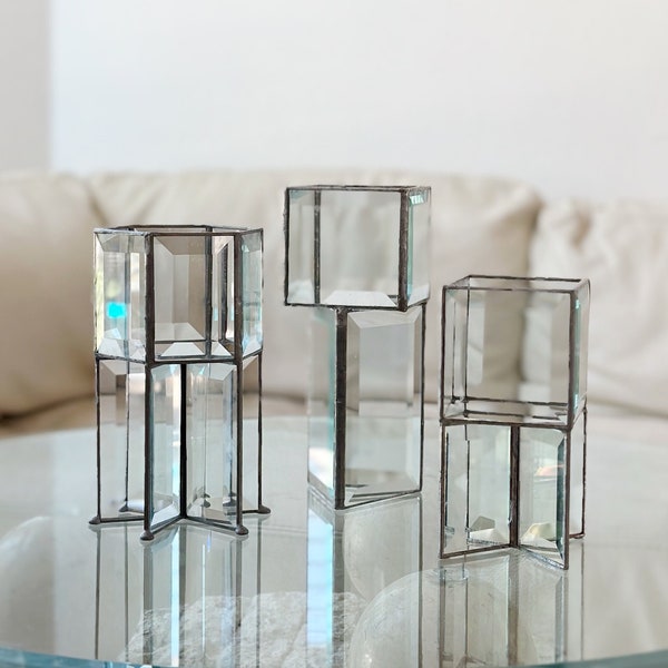 vintage modern beveled geometric glass box candleholder sculpture set / tealight candleholder centerpiece
