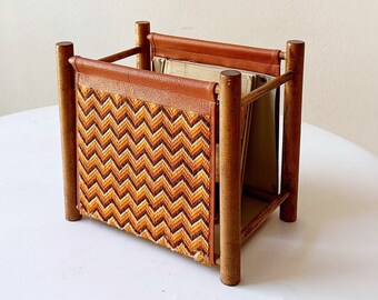 vintage woven crewel magazine wooden storage holder