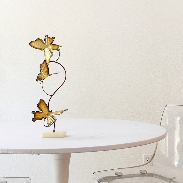 mid century modern copper butterfly figurine sculpture on stand