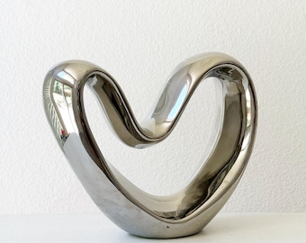 large valentines postmodern silver ceramic ribbon heart sculpture ornament | love figurine art