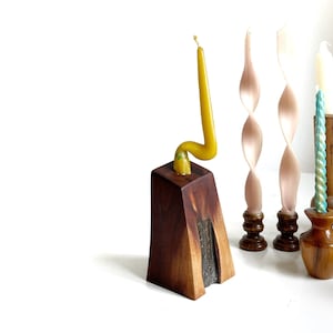 danish mid century modern turned wood block shaped candleholder / candlestick holders