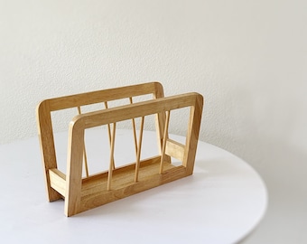 mid century modern wood magazine rack holder with spindle bars