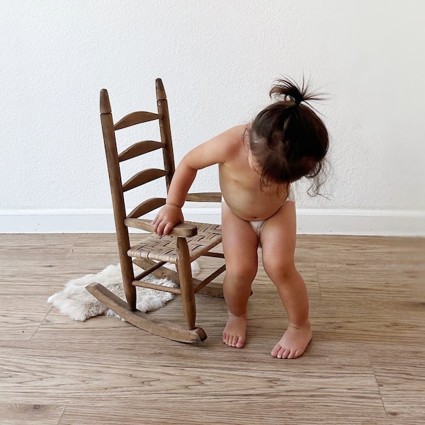 vintage childrens wooden woven wicker rocking chair | baby nursery | kid's bedroom