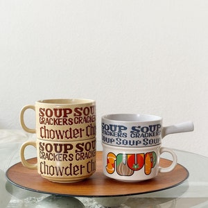 vintage stoneware soup bowl mugs | typography soup cracker bowls with handles