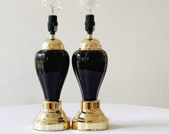 hollywood regency set of ceramic black table lamps with gold accent