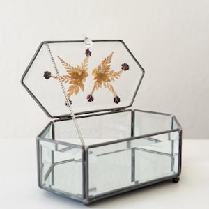 Beveled Glass Trinket Box with Pressed Flowers - Hexagon Jewelry Storage Box