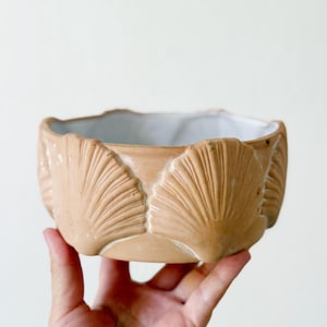 May include: A tan ceramic bowl with a seashell design. The bowl has a scalloped edge and a light blue interior. The exterior features a repeating pattern of stylized seashells. The bowl is held by a hand.