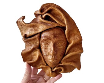 Handmade Molded Leather 3D Ethnic Tribal Woman Face Sculpture