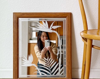Birds of Paradise Flower Etched Mirror | Wooden Frame Wall Art
