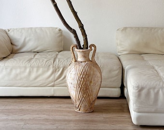 Oversized Woven Rattan Wrapped Ceramic Floor Vase | Amphora Pot