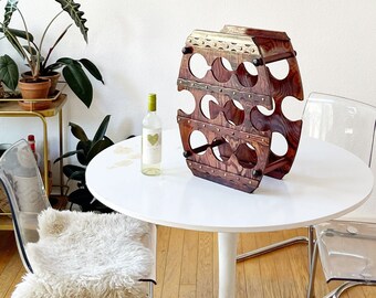 vintage rustic mid century wooden barrel wine bottle holder rack / bottle storage display