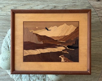 mid century modern framed Hudson River inlay marquetry wood art | flying eagle mountains wall hanging artwork