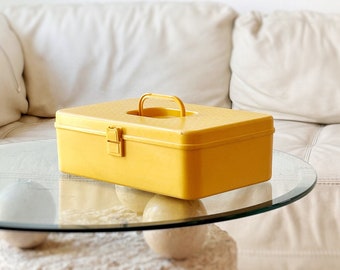 1970s retro yellow plastic sewing box | crafting supply tool box kit