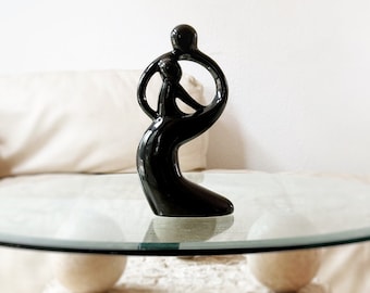 abstract black ceramic mother and child figurine sculpture / lady baby statue