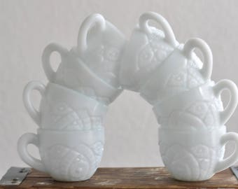 vintage white wedding carved milk glass teacups / coffee cup set