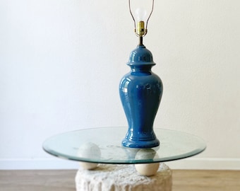 80s large postmodern ginger jar shaped blue ceramic table lamp
