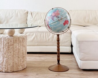 floor standing multicolored vintage replogle world globe on long wood stand / raised relief atlas / 12 inch