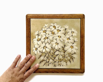 large hand painted wood daisy flower ceramic tile trivet hot plate