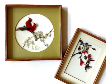 vintage framed chinese real feather cherry blossom flower bird picture wall art