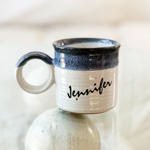 Studio Pottery Coffee Mug – Handmade Stoneware Mug with “Jennifer” – Rustic Ceramic Name Cup