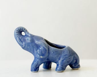 blue ceramic elephant figurine sculpture planter | flower pot vase