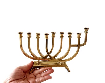 modernist gold metal menorah candlestick holder / candleholder set